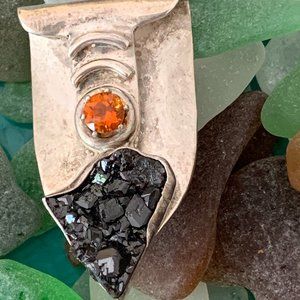 Silver Pendant Black Druzy Crystal